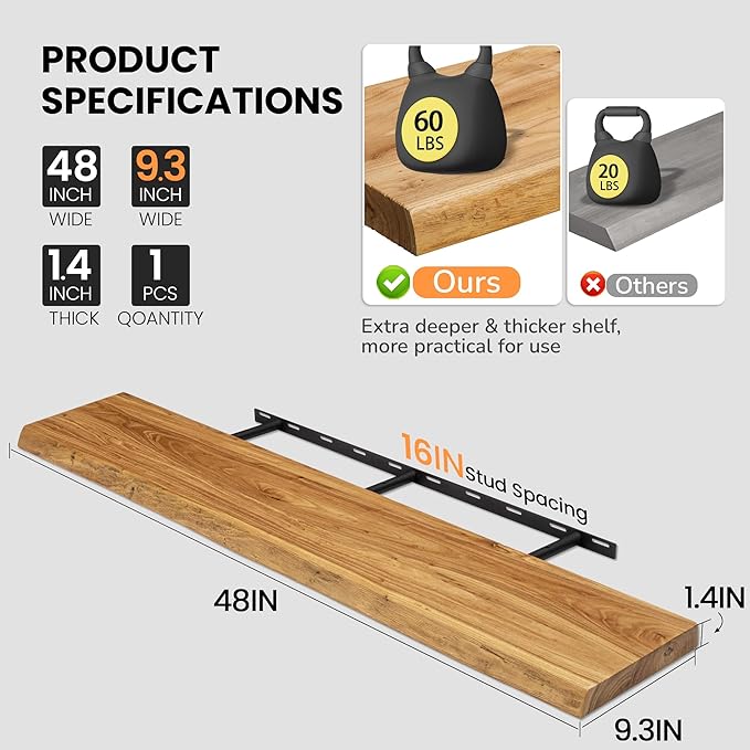 Floating Shelves for Wall, 48"x9.3" Rustic Solid Live-Edge Elm Wood Wall Shelves, Heavy-Duty Floating Shelves with Invisible Brackets for Living Room, Bedroom, and Kitchen, Natural Finish