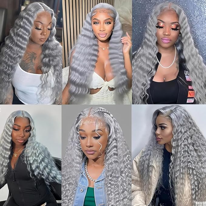 30 32 34 Inch Grey Bundles Grey Deep Wave Bundles Light Grey Deep Wave Bundle Niegmeag Peruvian Virgin Remy Hair Extensions 300g