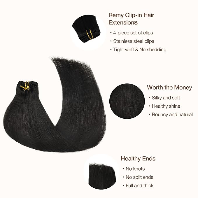 GOO GOO Clip in Hair Extensions Real Human Hair, Remy Human Hair Extensions Clip ins for Women, Natural Human Hair, 14inch 60g 4Pcs, 1B Natural black