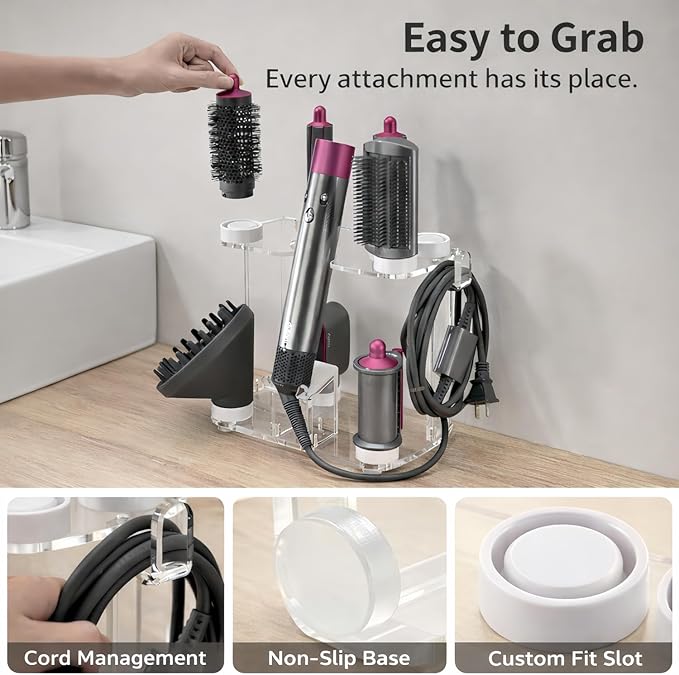 Dyson Airwrap Holder by Chorten Nyima, Dyson Airwrap Organizer with 8 Slots, Clear Acrylic Stand for Shark Hair Dryer Holder, Wall-Mounted or Freestanding with Silicone Pads Bathroom Vanity Table