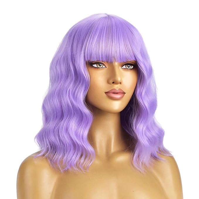 BERON 14 Inches Purple Wig Short Curly Wig Women Synthetic Wigs Lavender Purple Wigs with Bangs Hairnet Included