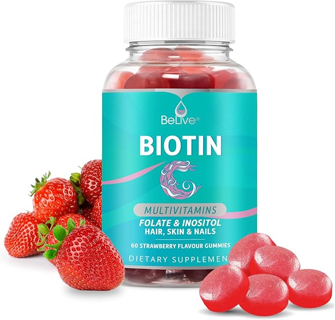 BeLive Biotin Gummies - Skin, Nails & Hair Vitamins with A, C, D, E, B12, Zinc, Folate & Inositol, Biotin Supplement for Anti-Aging, Energy & Collagen Boost, Multivitamin Gummies - Strawberry | 3-Pack
