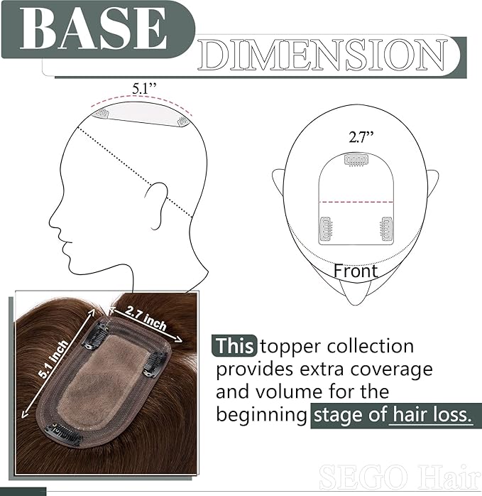 SEGO Hair Toppers for Women Real Human Hair with Thinning Hair, Toppers Hair Pieces Clip in Toppers Straight Hair Pieces with Front Bangs 150% Density Silk Base -8 Inch #4 Medium Brown