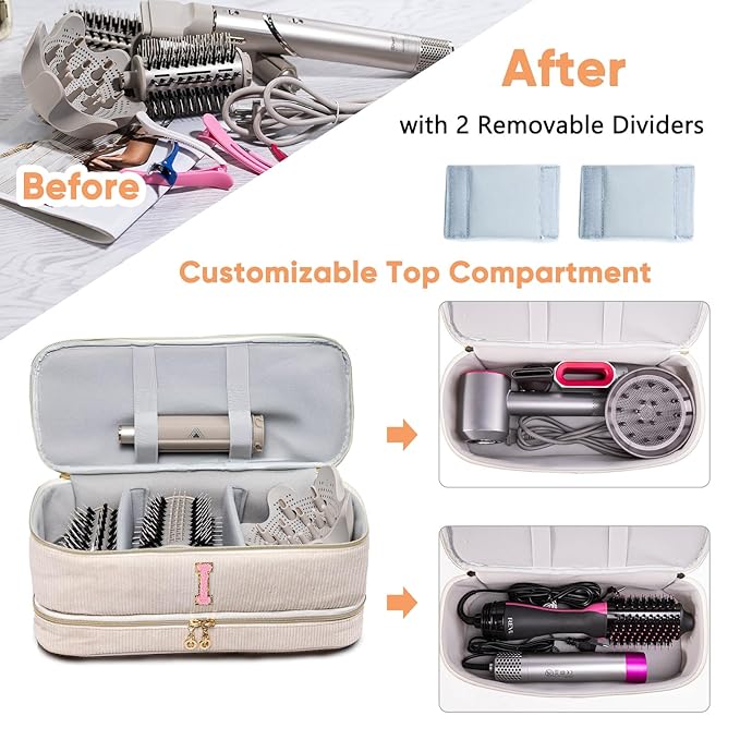 Initial Personalized Hair Tools Travel Bag Double-Layer Hair Dryer Case Compatible with Shark FlexStyle/SmoothStyle, Dysson Airwrap & Supersonic – Hair Tool Organizer for Travel & Home