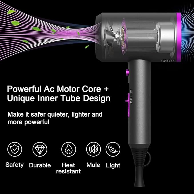 slopehill Professional Ionic Hair Dryer, Powerful 1800W Fast Drying Low Noise Blow Dryer with 2 Concentrator Nozzle 1 Diffuser Attachments for Home Salon Travel