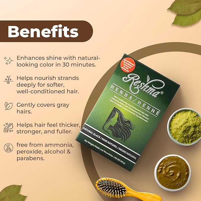 Reshma Beauty 30 Minute Henna Hair Color Infused with Organic Henna Lawsonia Inermis 100% Gray Coverage for Soft, Shiny Hair, Plant-Based Hair Dye—1.05 oz Pack of 1 (Black)