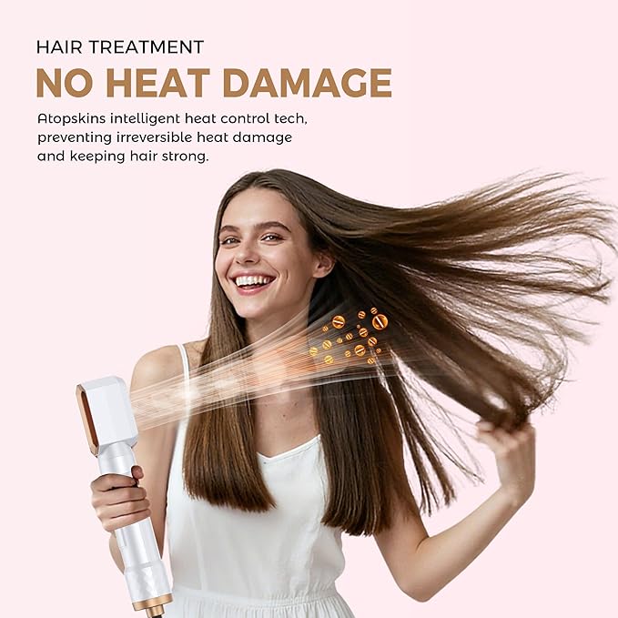 6 in 1 Air Styler Magic Hair Dryer Brush, Negative Ionic Blow Dryer Brush & 3 Heat Settings, Detachable Auto Curling & Straightening Volumizing, Frizz-Free Styling, Salon to Home Use (A-White-Pink)
