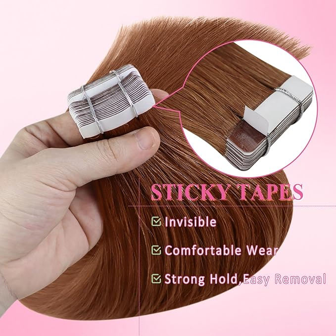 YoungSee Tape in Hair Extensions Copper Tape in Extensions Human Hair 14Inch Tape in Real Hair Extension Copper for Women 20Pcs 50G