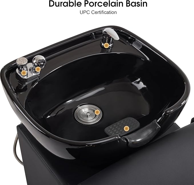 BarberPub Backwash Shampoo Station Chair with Porcelain Ceramic Hair Wash Bowl, Vacuum Breaker, Professional Black&Gold Shampoo Chair and Bowl Unit for Salon and Spa 8613 (Black&Gold)