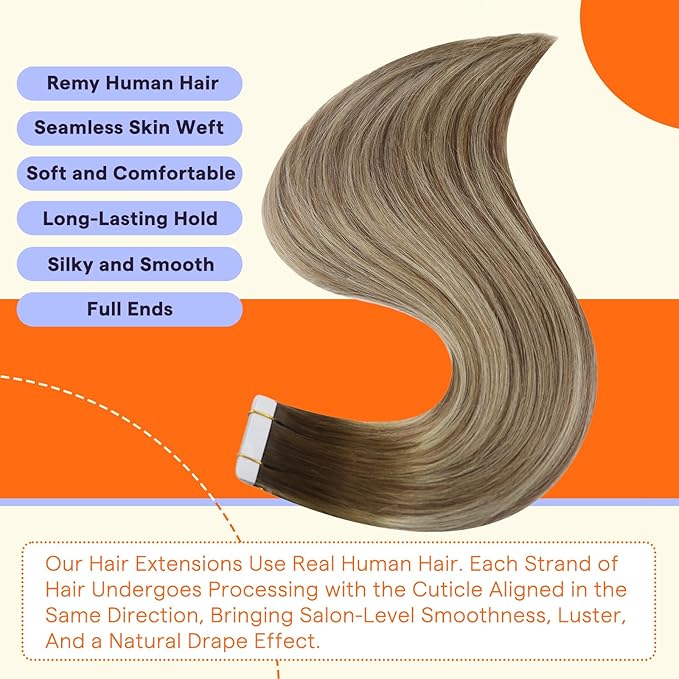 Full Shine Tape in Hair Extensions Human Hair 20 Inch Ombre Color 3 Fading to 6 Brown and 22 Blonde Balayage Straight Remy Human Hair Tape in Extensions 20 Pieces Soft and Silky 50 Grams Add Length