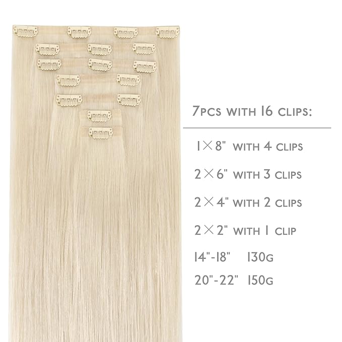 WENNALIFE Seamless Clip In Hair Extensions Human Hair, 18 Inch 130g 7pcs Platinum Blonde Real Hair Extensions Clip in Human Hair Invisible PU Skin Weft Natural Remy Human Hair Extensions