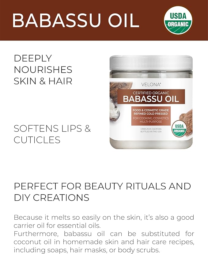 velona Babassu Oil USDA Certified Organic - 16 Fl Oz | 100% Pure and Natural Carrier Oil | Refined, Cold Pressed | Face, Hair, Body & Skin Care and Cooking | Use Today - Enjoy Results