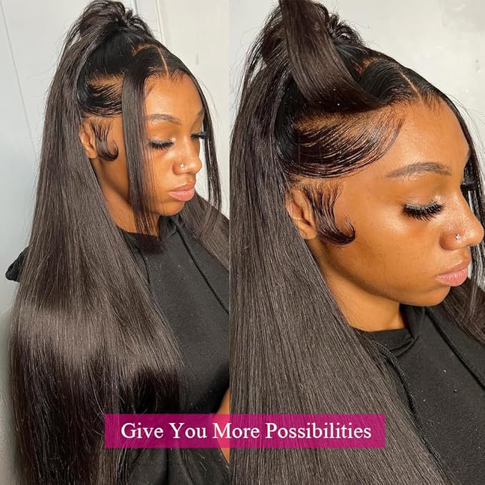 Iris Queen 13x4 HD Straight Lace Front Wigs Human Hair Pre Plucked 12A 180 Density Brazilian Transparent Lace Frontal Wig for Black Women with Baby Hair Natural Black Color (20 inch)