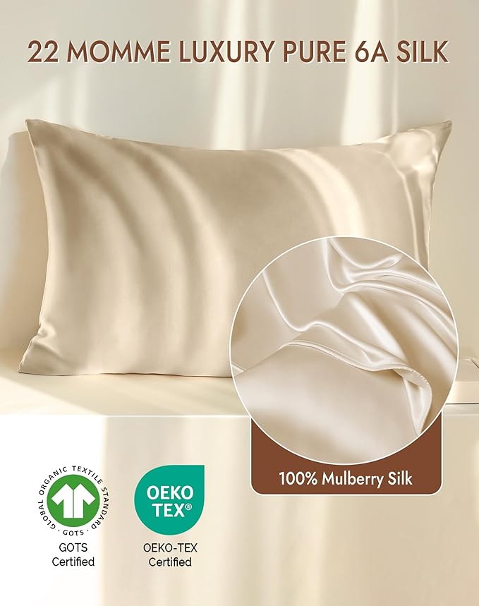 SilkSilky 100% Mulberry Silk Pillowcase - Pure 22 Momme High-Grade 6A Fibers for Hair & Skin, Envelope Closure, Natural, Organic, Breathable & Cooling Pillow Case (Standard, Beige)