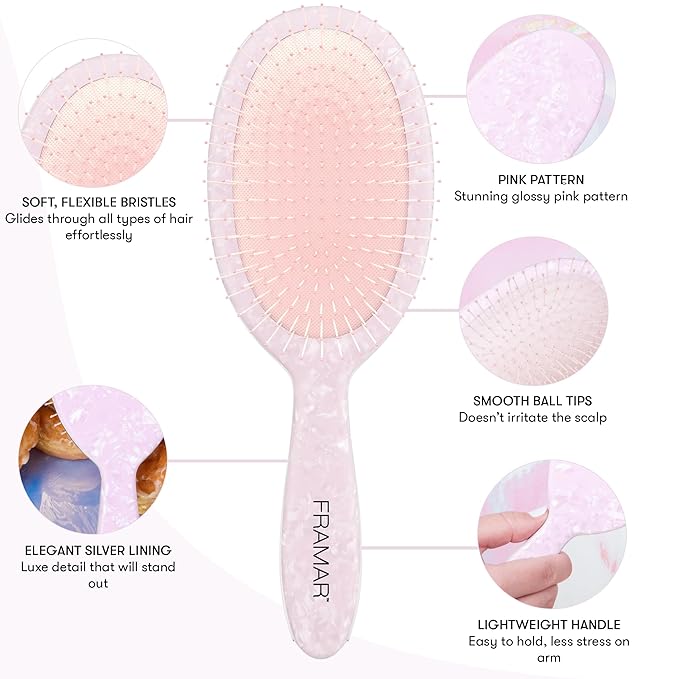 FRAMAR Iridescent Wet Hair Brush Detangler – Detangle Brush For Curly Hair, Hair Detangler Brush For Kids, Holographic Girls Hair Brush, Pink Hairbrush For Women – Removes Knots Without Pulling