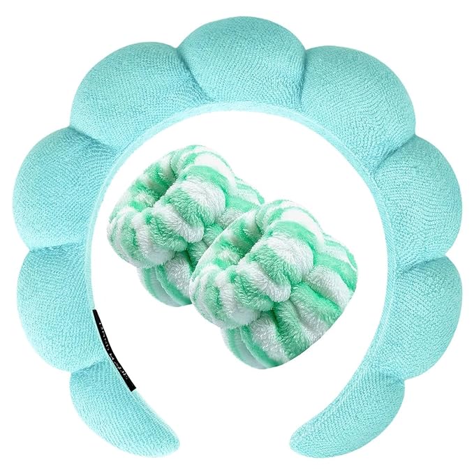 Zkptops Spa Headband for Washing Face Wristband Set Sponge Makeup Skincare Headband Terry Cloth Bubble Soft Get Ready Hairband for Women Puffy Padded Headwear Non Slip Thick Hair Accessory(Turquoise)
