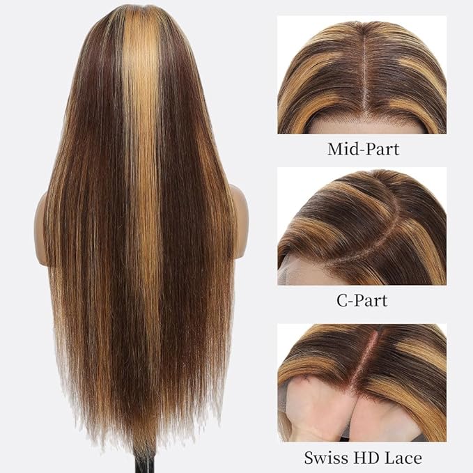 4/27 Ombre Lace Front Wig 200 Density Real Virgin Hair 30 Inch Highlight Straight Wigs Human Hair Pre Plucked Honey Blonde Wig Human Hair 13x6 HD Lace Frontal Wig