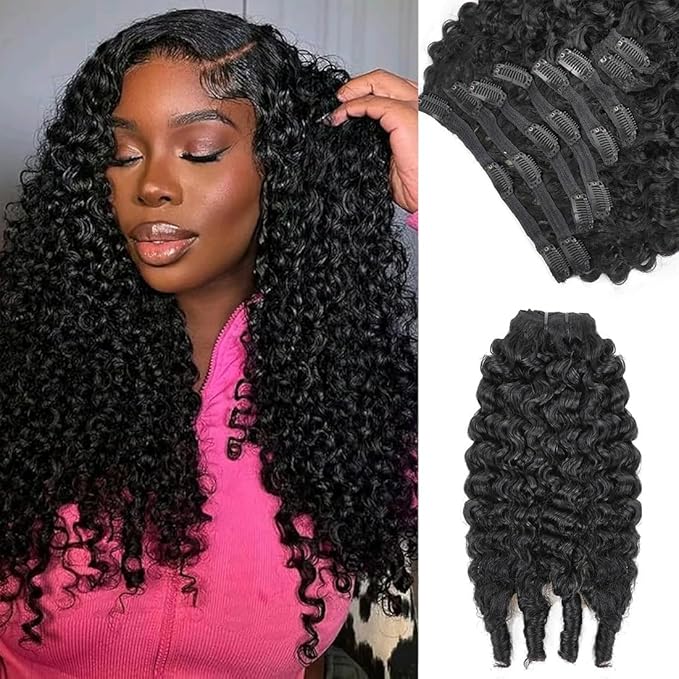 Burmese Curly Clip in Hair Extensions Real Human Hair, 8Pcs Remy Human Hair Clip in Extensions for Women, Natural Soft Human Hair, 120g 24inch #1B Natural Black
