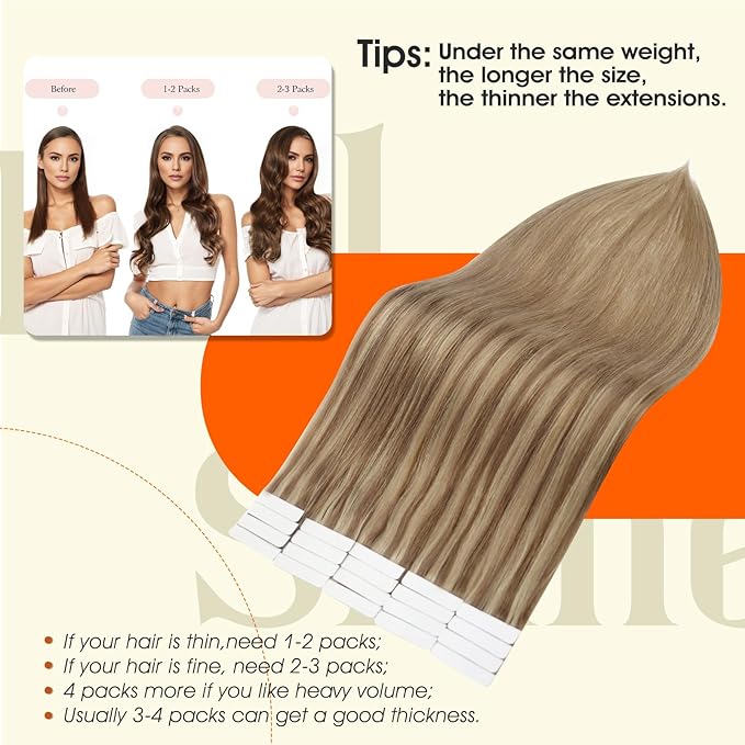 Full Shine Balayage Tape in Hair Extensions 14Inch Remy Human Hair Tape in Extensions Color 10/16/16 Golden Brown And Golden Blonde 50Gram Invisible Skin Weft 20Pcs for Wedding Add Volume