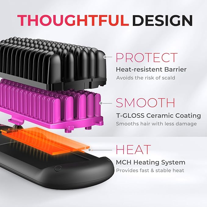 TYMO Ionic Hair Straightener Brush - One-Step Hair Straightener for Women, Straightening Brush with Negative Ions, 16 Temp Settings, LCD Display, Dual Voltage, Hot Comb Flat Iron for Frizz-Free Styles