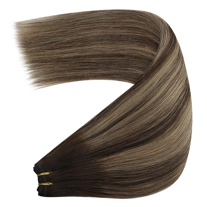 YoungSee Weft Hair Extensions Balayage Sew in Hair Extensions Dark Brown Ombre Caramel Blonde Mix Brown Human Hair Weft Extensions for Women 16Inch 100G