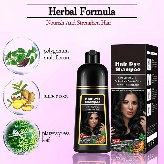 Black Hair Dye Shampoo Instant 3 in 1 for Gray Hair Coverage - Herbal Formula, Semi-Permanent Hair Color in 10 Minutes, Lasts 30 Days, 100% Grey Coverage Shampoo for Men & Women, 500ml (16.9 Fl Oz)