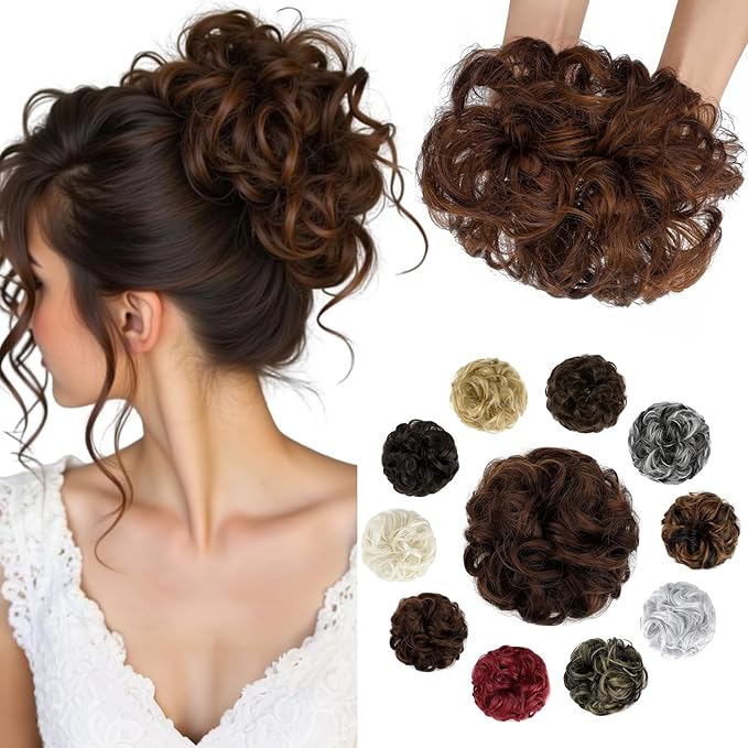 Messy Bun Hair Piece Wavy Curly Scrunchies Fluffy Donut Thick Updo Elegant Chignon Hairpieces for Women Girls, Light Brown Mix Mid Brown 1.4oz