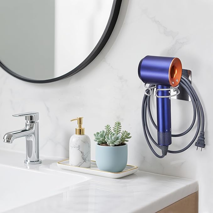 Hair Dryer Holder Wall Mounted, Hairdryer Holder for Bathroom, Blow Dryer Holder, Hair Tool Organizer for Hair Dryer Hanger Storage, Adhesive Blow Dryer Organizer (Silver)