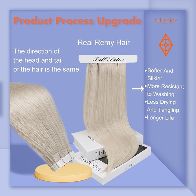 Full Shine Blonde Tape in Hair Extensions Human Hair Color 1000 Ice Blonde Double Sided Tape in Extensions Human Hair 14Inch Hair Extensions Real Human Hair for Women 50G Remy Natural Straight 20Pcs