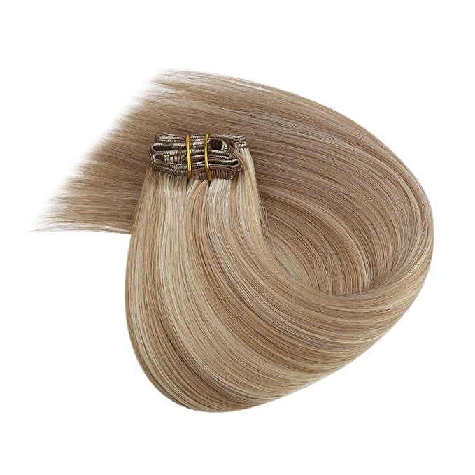 Ve Sunny Clip in Hair Extensions Real Human Hair Highlights Human Hair Clip in Extensions Dark Ash Blonde Highlights Light Blonde Human Hair Extensions Clip ins for Women Quick-Apply 5pcs 12inch 80g