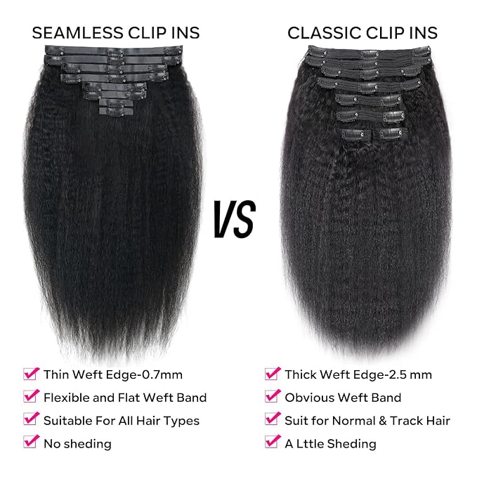 Seamless Kinky Straight Clip in Hair Extensions for Black Women Brazilian Virgin Human Hair Extensions 8Pcs Seamless Clip ins Human Hair with 18Clips Invisible PU Skin Weft 120g 24inch Natural Black
