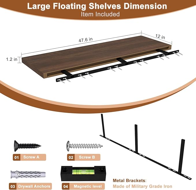 48 Inch Floating Shelf 2 Pack Large Floating Shelves for Wall No Drilling Accessories Included Deep Wall Shelves for Living Room Kitchen Farmhouse 48" W x 12" D x 1.2" Walnut