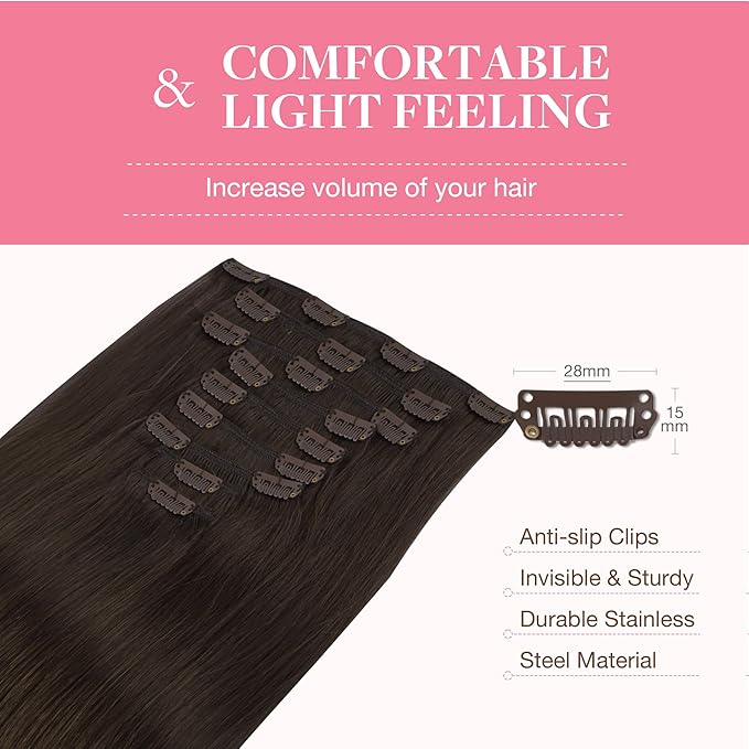 GOO GOO Clip in Hair Extensions Real Human Hair, Remy Human Hair Extensions Clip ins for Women, Natural Human Hair, 16inch 150g 9Pcs, 2A Light Brown