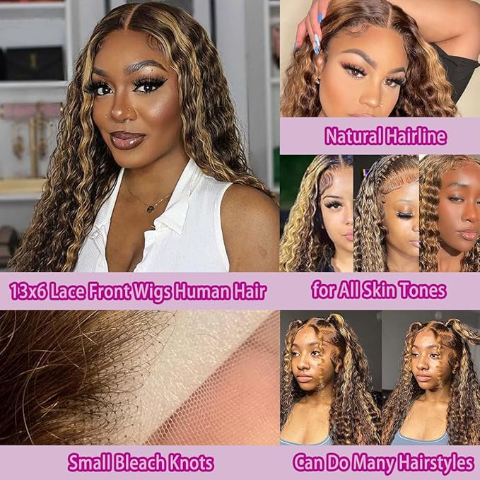 P4/27 Highlight Curly Human Hair Wig 13x6 Ombre Deep Wave Lace Front Wig Human Hair Pre Plucked 210% Density Honey Blonde Deep Wave Wigs for Women Glueless HD Lace Frontal Wig 26 Inch