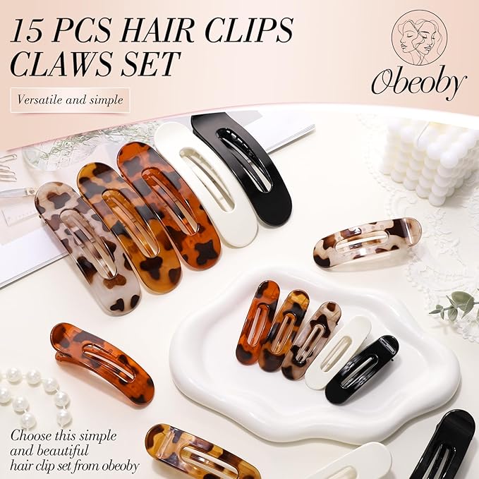 15 PCS Flat Hair Clips for Women & Girls, 5 Colors French Flat Claw Clips 3 Sizes Accessories Barrettes for Thin Thick Fine Hair