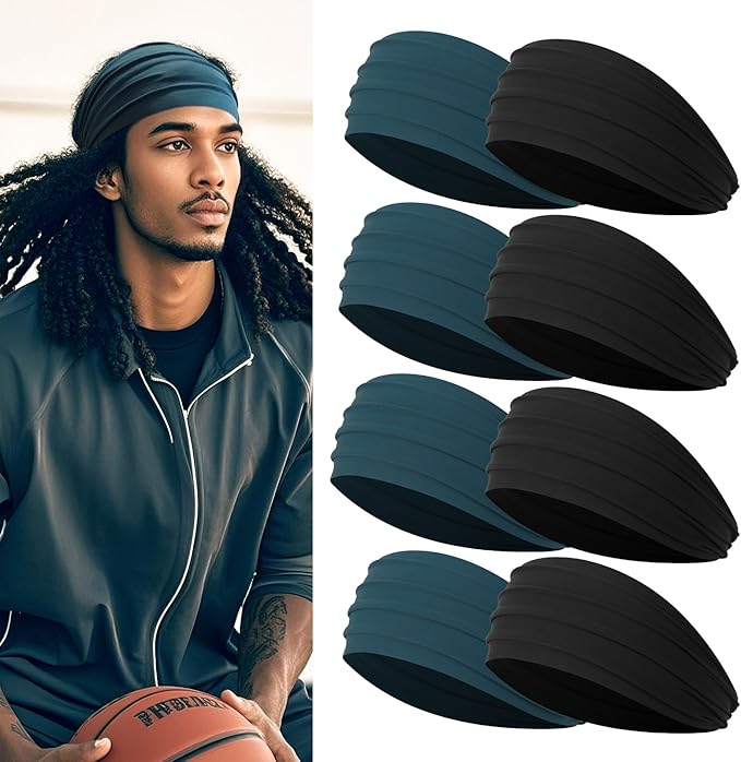Wide Headbands for Men, Men’s Headbands for Long Hair, Head Bands for Men for Workout, Running, Baseball, Football, Tennis, Basketball, Softball, 8 Pieces