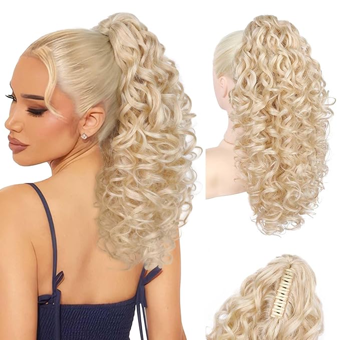 Flufymooz 100％ Pure Protein Ponytail Extension, 18 Inch Curly Claw Clip Ponytail Hair Extensions Natural Soft pony tail hairpiece for women-Light Blonde with White Blonde