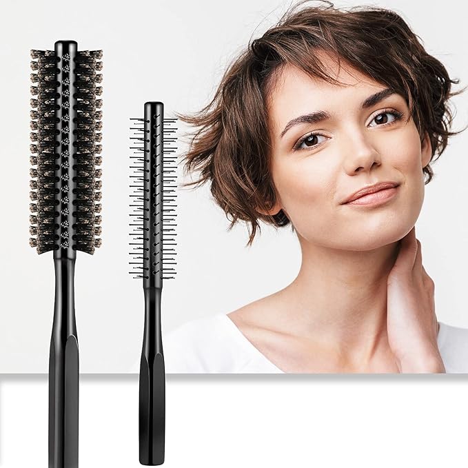 Geiserailie 2 Pieces Thick Round Hair Comb Bristle Blow Drying Hairbrush Small Brush Short Hair Massage Comb Head Massage Round Brush Roll Hairbrush for Wet or Dry(Black)
