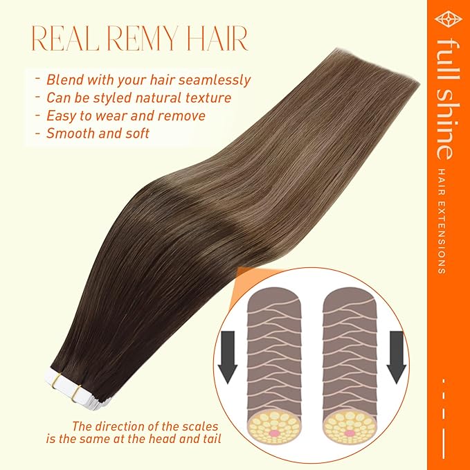 Full Shine 18Inch Tape in Hair Extensions Color 2 Ombre 6 and 18 Ash Blonde Highlighted Tape in Hair Extensions Human Hair 20Pcs 50G Invisible Skin Weft Hair Extensions Tape in Balayage Straight Hair