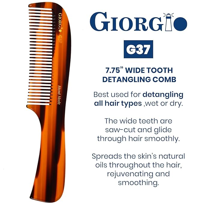 Giorgio G37 Large Coarse Detangler Comb, Wide Teeth for Thick, Curly, or Wavy Hair – For Wet and Dry Use, Handmade Rake Saw-Cut from Polished Cellulose (Tortoiseshell)