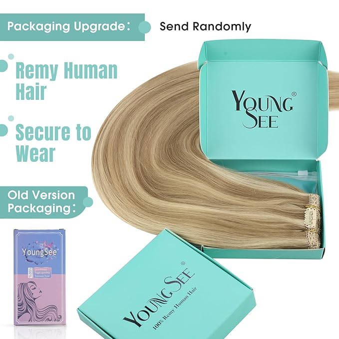 YoungSee Blonde Clip in Hair Extensions Highlighs Honey Blonde Human Hair Clip in Extensions Strawberry Blond Highlights Real Human Hair Extensions Clip ins 22inch 120g