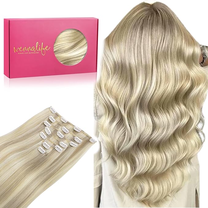 WENNALIFE Clip in Hair Extensions Real Human Hair, 22 Inch 130g 7pcs Remy Hair, Ash Blonde Highlighted Platinum Blonde Straight Natural Extensiones De Cabello Humano Con Clip Ins