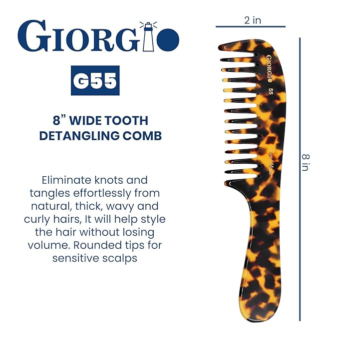 Giorgio G55 Wide Tooth Detangling Comb for Wet Hair, Hair Comb for Thin to Medium Thickness Hair, Combs for Women and Men, Handmade Large Tooth Rake Comb Saw-Cut and Hand Polished