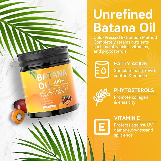 Batana Oil - Raw Batana Hair Mask Restores Damaged Thin Hair & Scalp, Organic Batana Oil Paste Conditioner for Hair Growth Suitable for Women & Men Prevents Loss Dry Fits All Hair Type (4oz)