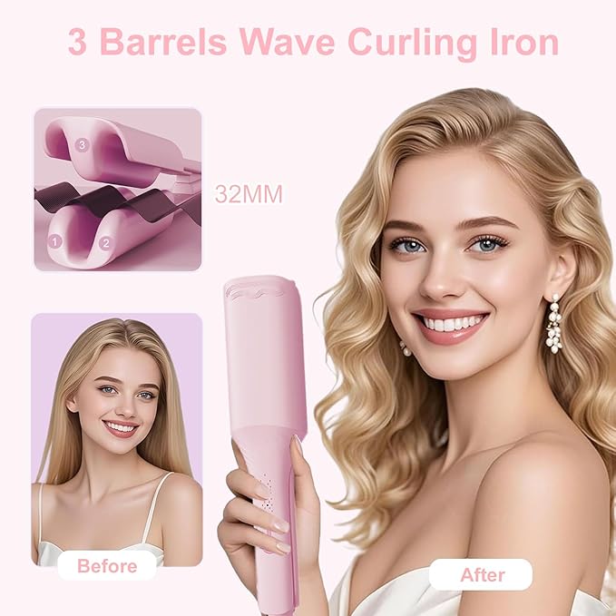 Waver Hair Crimper, 1.25 Inch Curling Wands with Ceramic 3 Barrels, 4 Temp Settings, Heat Resistant Glove, Fast Heating Crimper Hair Iron for Short and Long Hair (Pink)