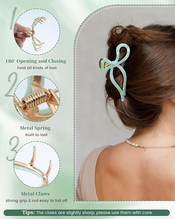 ACECHA 2 Pack Gold Metal Bow Hair Claw Clips for Women, 4.5" Colorful Non-slip Hairclips for Thick Thin Hair Claws Strong Hold Styling (Mermaid)