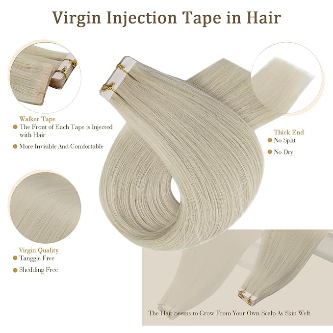 Full Shine Injection Tape ins Human Hair Extensions Virgin Tape Hair Extensions Human Hair Color 1000 Blonde Human Hair Extension 14Inch Machine Remy Seamless Extensions 10G 5Pcs for Wedding
