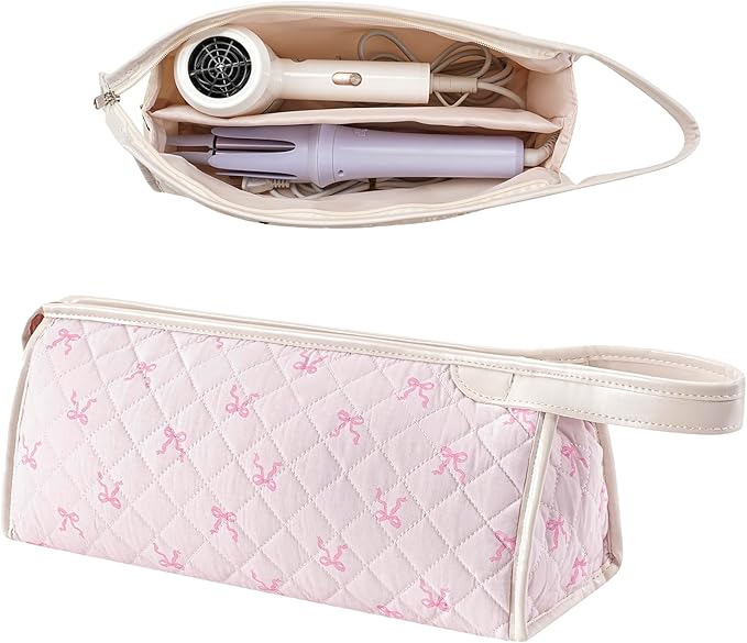 Large Quilted Hair Tools Travel Bag,Aesthetic Hair Styling Accessories Storage Case for Flat Irons,Straightener,Curling Iron,Hair Dryer,Dyson Airwrap Travle Bag,Portable Organizer（03Pink Bow）