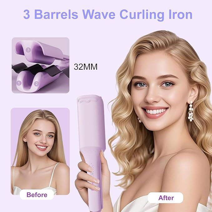 Waver Hair Crimper, 1.25 Inch Curling Wands with Ceramic 3 Barrels, 4 Temp Settings, Heat Resistant Glove, Fast Heating Crimper Hair Iron for Short and Long Hair (Purple)