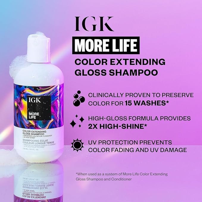IGK MORE LIFE Color Extending Gloss Shampoo and Conditioner Set | Preserves Color Treated Hair | UV Protection | Vegan + Cruelty-Free | 8 oz